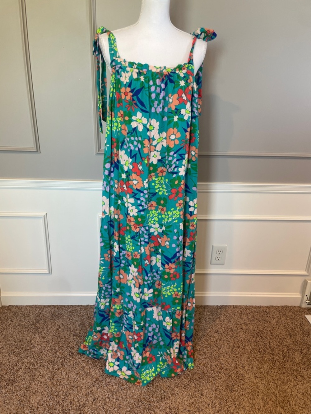 Emily Wonder Maxi Dress 2XL Long Flowy Green Teal Floral Tie Shoulder Colorful